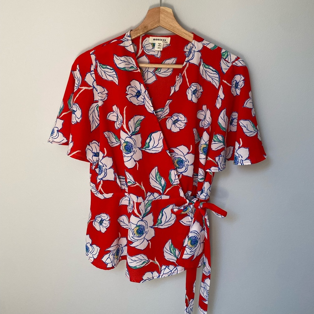 Red floral wrap top